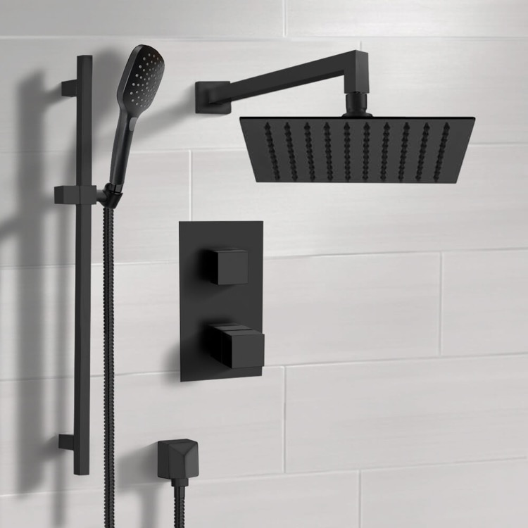 Remer SFR57-10 Matte Black Thermostatic Shower Set with 10 Inch Rain Shower Head and Hand Shower